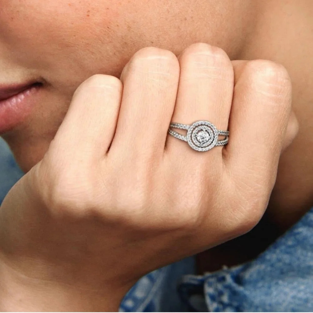 Pandora Sparkling Double Halo Ring - Stackable Ring for Women size 8.5 - Picture 6 of 8